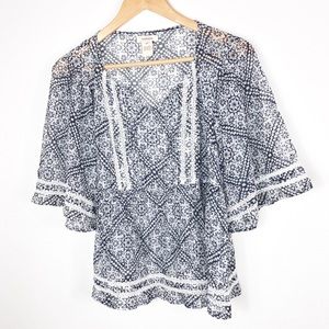 SUNDANCE BOHO PEASANT WHITE & BLUE BOHEMIAN TOP